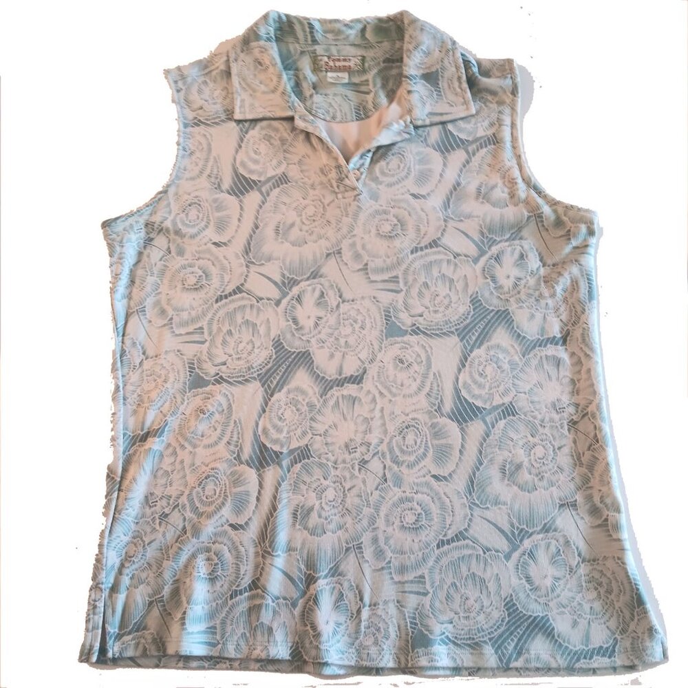 Tommy Bahama White and Blue Flowers Sleeveless Blouse Size Small